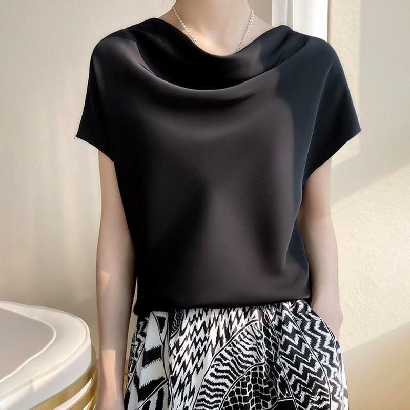 Faux Satin Smooth Blouse Elegant Women's Satin Blouse Collection Piled Collar Tank Tops Short Sleeve Tunic Solid for Summer