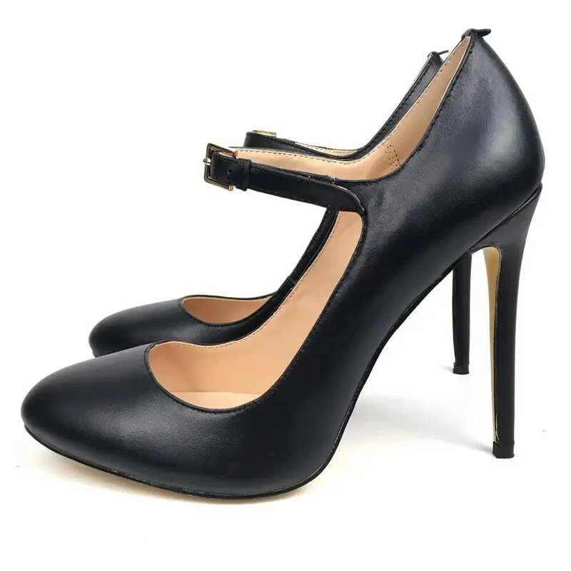 Туфли-лодочки женские из натуральной кожи, высокий тонкий каблук-шпилька, круглый носок, ремешок с пряжкой, для работы и работы, черные, весна-осень