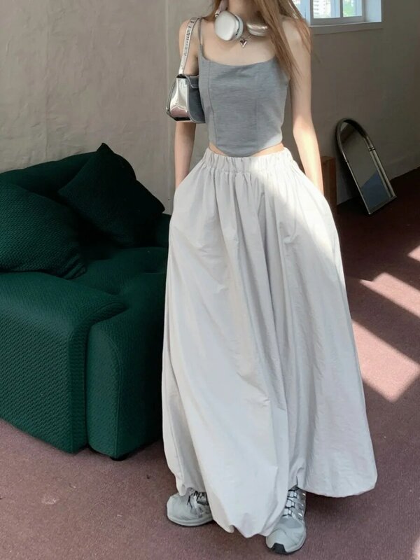 Vintage Y2k spódnice Midi kobiety wiosna 2024 Y2K Streetwear casualowe długie spódnice z elastyczną talią