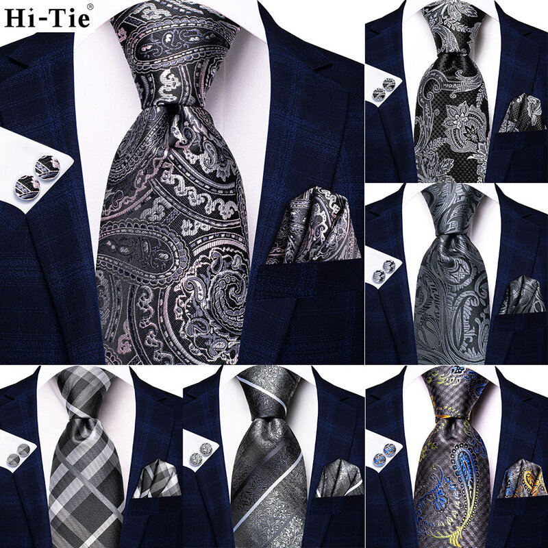 2022 New Mens Tie Grey Pink Paisley Hanky Cufflink Set Silk Necktie For Men Wedding Party Business Men Tie Fashion Brand Hi-Tie