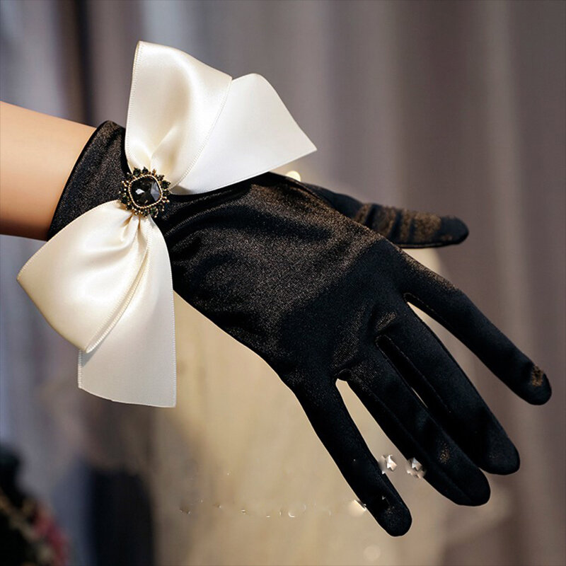 ใหม่ Original Vintage ถุงมือ Hepburn สีดำซาตินบาง Bowknot Stage จัดเลี้ยงอุปกรณ์เสริมเจ้าสาว