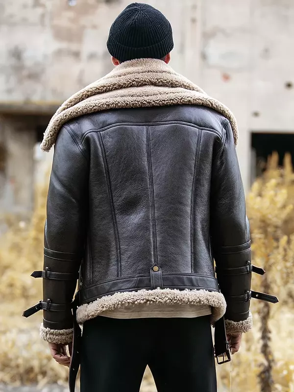 Мужская зимняя мотоциклетная куртка из натуральной кожи, с двойным воротником