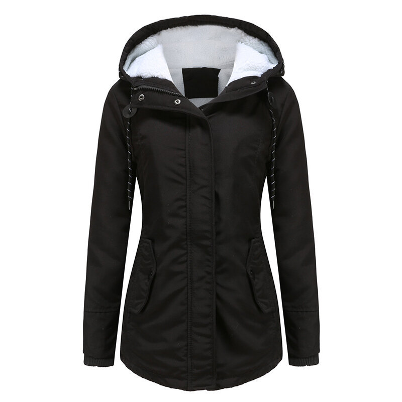 แฟชั่น Parka Coat ขนาดใหญ่ฤดูใบไม้ร่วงฤดูหนาวผ้าฝ้ายอุ่นผู้หญิงหนาเสื้อแจ็คเก็ต Hooded Casual Parkas เสื้อแจ็คเก็ตสีดำ