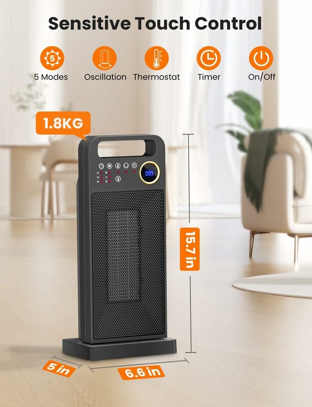 Radiateurs pour usage intérieur, chauffage portable en céramique PTC de 1500W avec thermostat, oscillant à 80 °, 5 modes