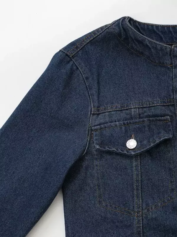 Jaqueta jeans retrô de mangas compridas feminina, casaco gola O, casaco de botão, blusa chique, decoração de bolso Flap, nova moda