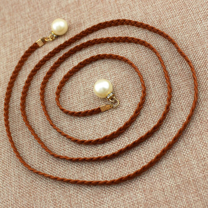 Belt Style Candy Color Waist Chain Hemp Rope Braided Big Pearl PU Leather Casual Thin Belt for Dress Decor Women Girls