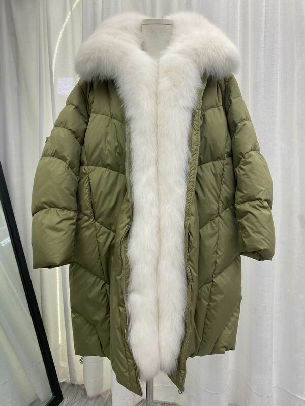 Real Natural Long Silver Fox Fur Collar Coat Winter Women Goose Down Jacket Fashion Female Puffer Jacket Streetwear Fox Fur Coat