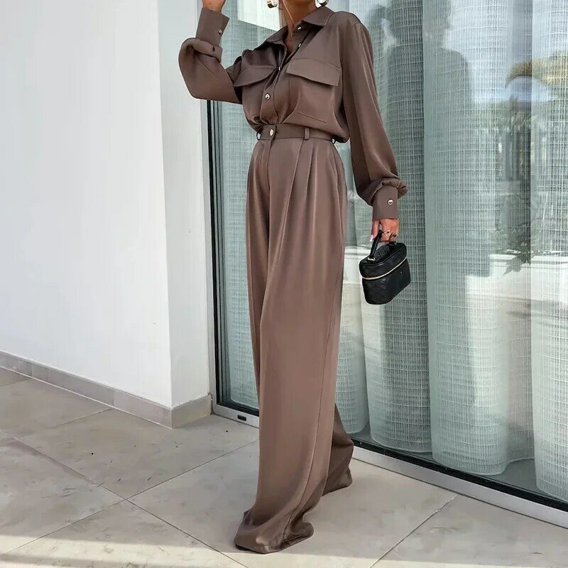 Элегантный женский комплект из двух предметов, рубашка на пуговицах с отложным воротником и брюки на пуговицах, однотонный офисный костюм с длинным рукавом, 2024
