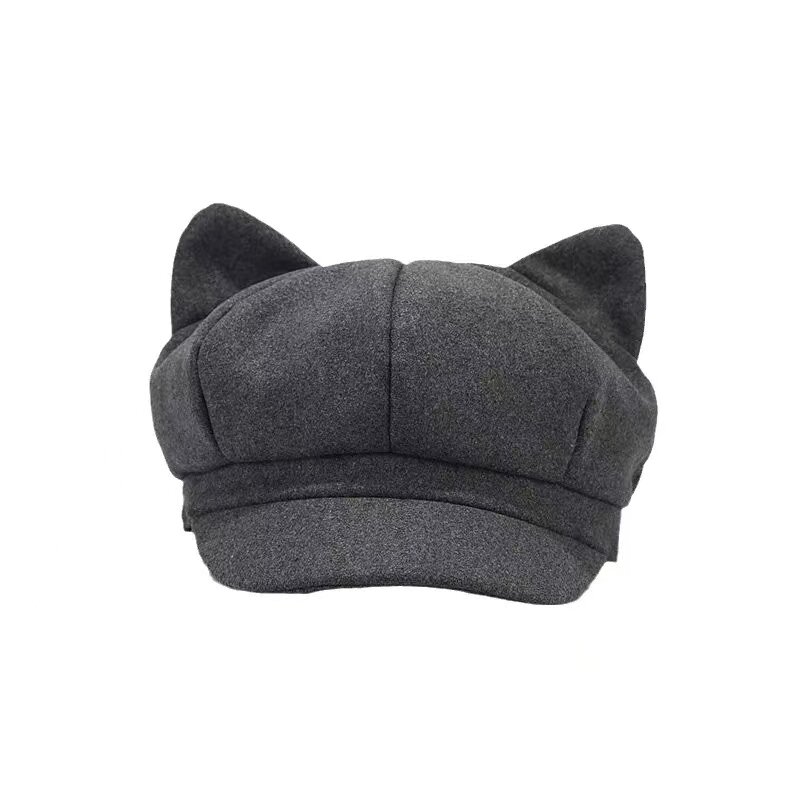 Topi oktagonal telinga kucing lucu topi baret wanita Newsboy topi musim dingin pelukis Vintage untuk wanita topi oktagonal