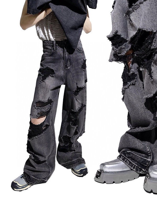 Pantalones vaqueros con agujeros dañados para hombre y mujer, pantalón holgado de pierna ancha, estilo Hip hop, Y2k