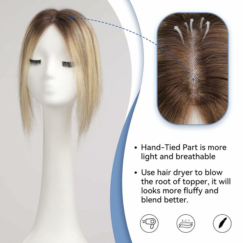 ブロンドブラウン-女性用ヘアトッパー,ヘアピース100% 人間の髪の毛,ヘアピース,シルクベース,3クリップ,150% 密度,12インチ