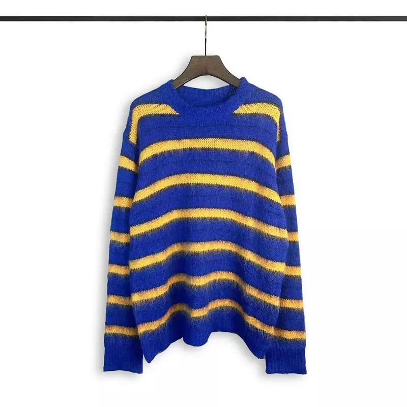 Sweter Pullover rajut bergaris warna Vintage untuk pria dan wanita tambal sulam longgar leher Crew sweter Streetwear ukuran besar