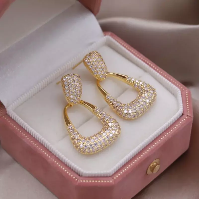 Pendientes geométricos de circón de lujo chapados en oro de 14K para mujer, joyería francesa, accesorios brillantes para fiesta de boda, nueva moda