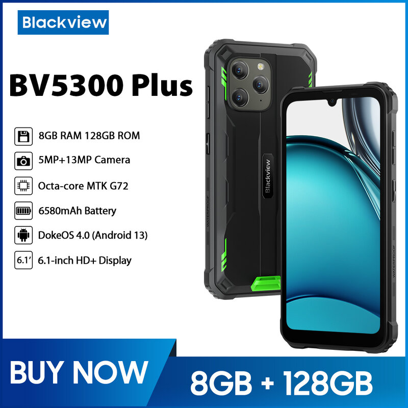 Blackview-Smartphone BV5300 Plus, téléphone portable robuste, écran HD 6.1, Octa-Core G72, 8 Go, 128 Go, 13MP, 6580mAh, Android 13