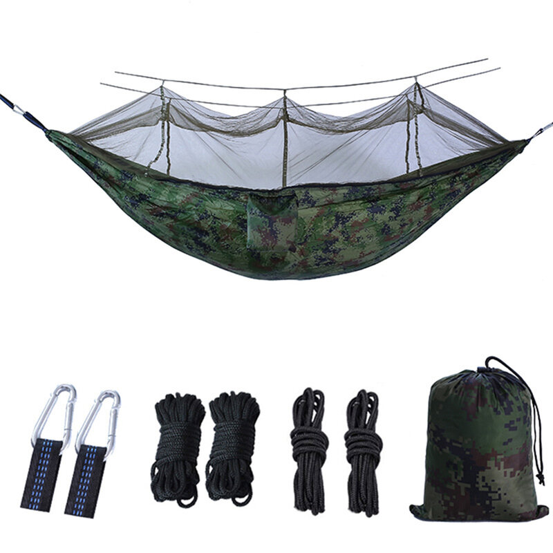 Hamaca portátil ligera para acampar al aire libre con mosquitera, cama colgante de tela de paracaídas de alta resistencia, columpio para dormir de caza