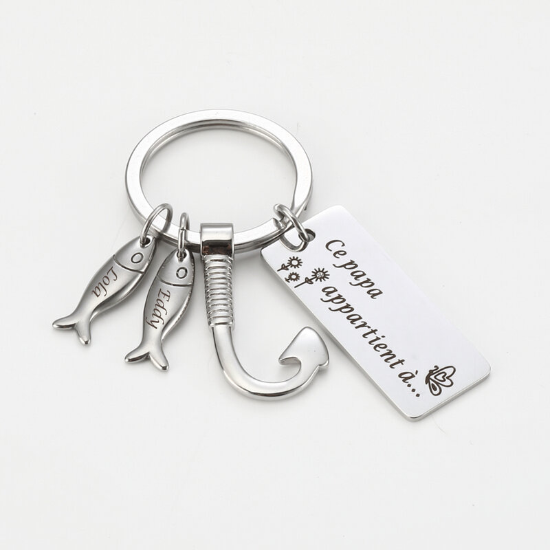 مخصص اسم الأسرة المفاتيح الأسماك حلية مفتاح سلسلة الفولاذ المقاوم للصدأ المفاتيح شخصية الآباء هدية عيد