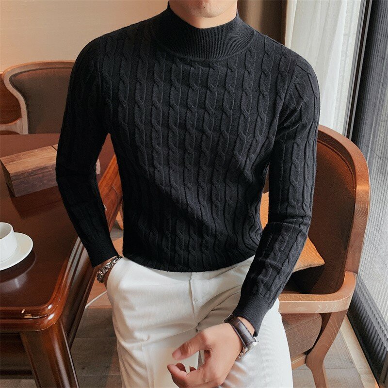 Novo inverno dos homens casual gola alta pulôver manga longa listrado camisola estilo coreano moda quente camisola de malha S-3XL