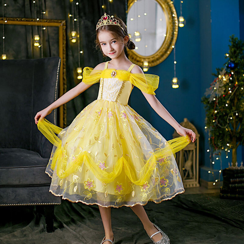Vestido Princesa Belle Menina, Bela e Fera Fantasia Cosplay, Birthday Party, Amarelo, Luxo, Vestido de Baile, Carnaval Infantil, Fantasia, Clo