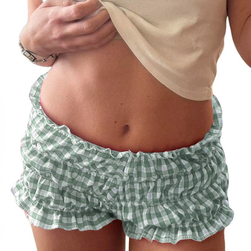 Women Casual Ruffled Plaid Shorts Low Rise Frilly Panties Shorts Hot Pants Homewear Loungewear Sleepwear Pajama Bottoms