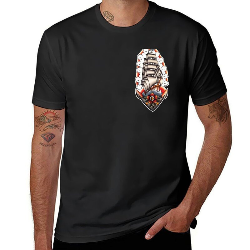 Традиционная Футболка с изображением корабля с якорем и татуировкой, новая коллекция, большие и высокие футболки для мужчин
