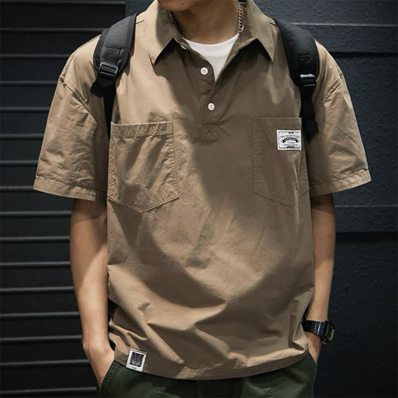 Camicie Cargo a maniche corte da uomo Multi-tasca 2024 t-shirt con colletto rovesciato con bottoni estivi tinta unita Polo Casual da uomo Casual