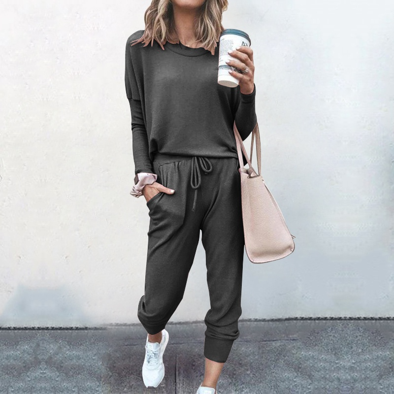 Fashion Women's Set Casual Autumn/Winter Solid Color Top Long Sleeve Long Pants Casual Set Cotton Pullover Loose Set