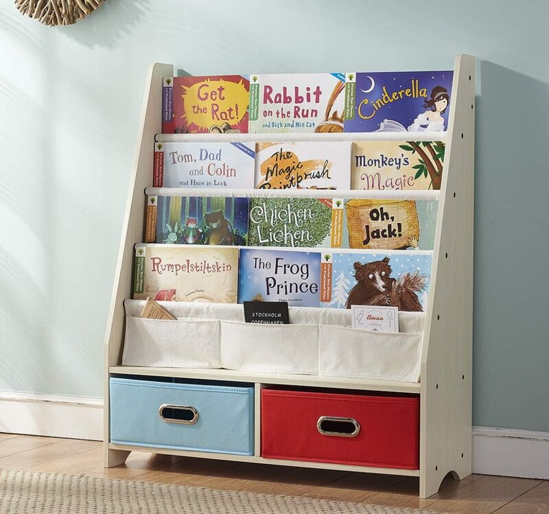 SEIRIONE-estante de libros para niños, 4 eslingas, 2 cajas de almacenamiento y estantes Organizadores de juguetes, color Beige
