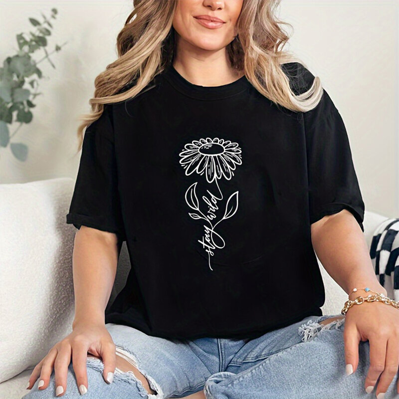 女性用プリント半袖Tシャツ,ルーズで快適,ラウンドネック,ファッショナブルなパーティーウェア,トレンディ,2024