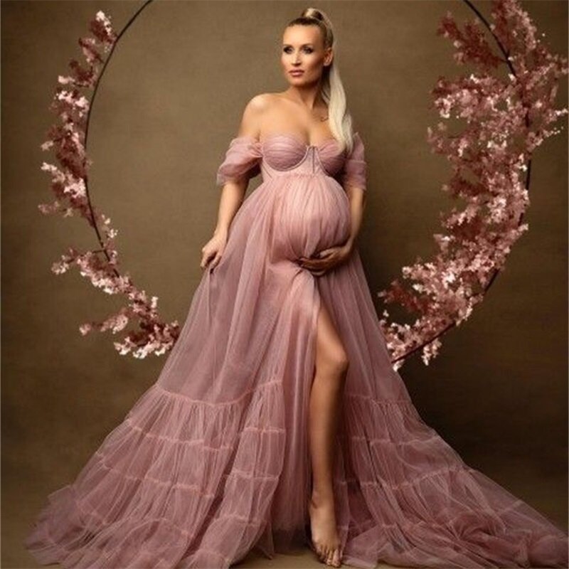 Hellrosa Frauen Umstands kleider sexy von der Schulter schwangere Kleider Schatz vorne Schlitz Fotoshooting Baby party nach Maß