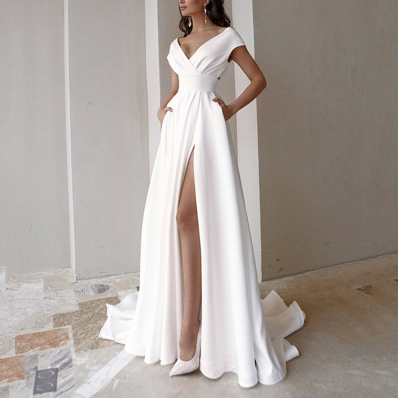 Ladies Pure White V-Neck Long  Dinner Dress designer evening dresses women luxury vestidos para mujer elegantes y bonitos