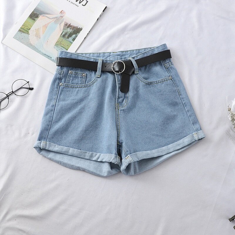 Shorts jeans de cintura alta feminino, calças largas soltas com borda enrolada, calça coreana para estudantes, linha A, verão, nova, 2024
