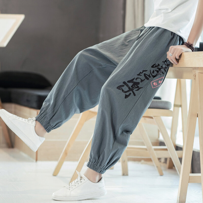 กางเกงลำลองทรงหลวมสไตล์จีนสำหรับผู้ชายกางเกงยาวถึงข้อเท้าฝ้ายลินินพิมพ์ลายตัวอักษรจีน