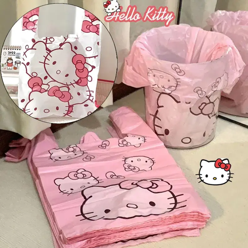 Bolsas de plástico de Hello Kitty para el hogar, bolsa de regalo bonita para supermercado, compras de comestibles, con asa, 50 piezas