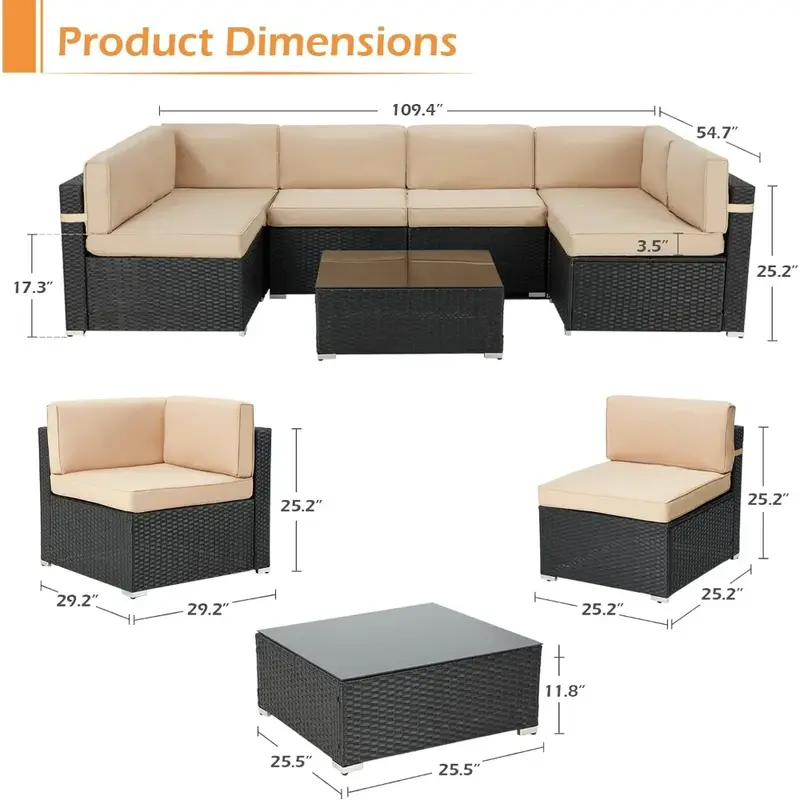 Set Sofa anyaman rotan, Set furnitur luar ruangan dengan bantal dan meja teh, rotan PE hitam, 7 buah