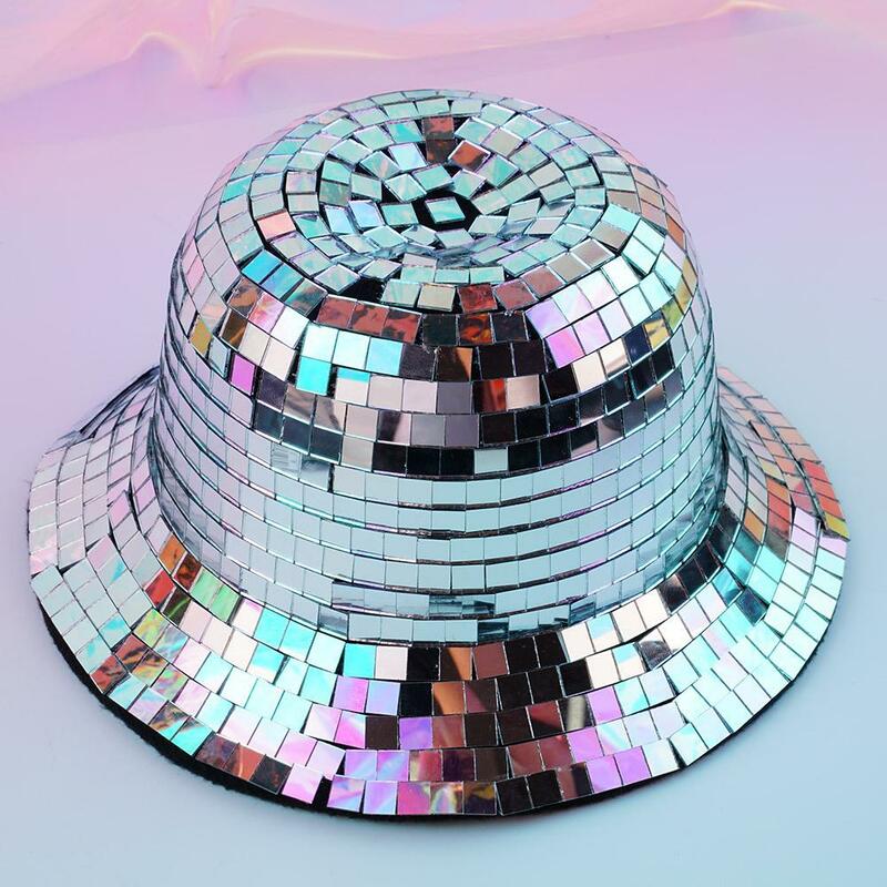 Sombrero de cubo con espejo brillante para discoteca, sombrero de pescador con lentejuelas completas para DJ, Club, Bar, Bola de discoteca, Festival, visera de playa
