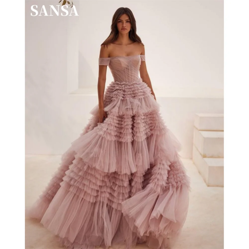 Gaun Prom Tulle bahu terbuka merah muda Sansa gaun A-line multilapis elegan gaun malam tanpa lengan punggung renda 2024