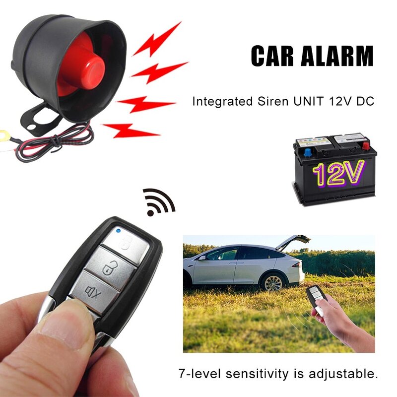 Carro Sistema de Segurança, sirene de alarme com 2 controles remotos, Anti-Roubo, One-Way Sistema de Alarme Automotivo, Proteção Contra Roubo, 12V