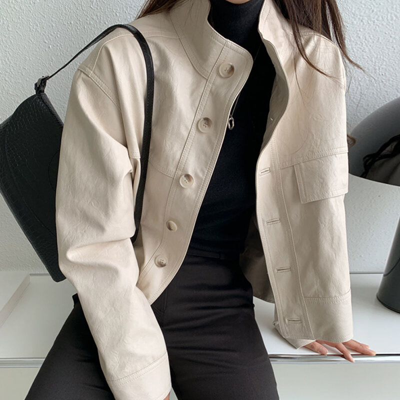 Jaket kulit imitasi untuk wanita, jaket kulit imitasi gaya Korea sederhana kerah berdiri longgar, mantel lokomotif, pakaian luar PU