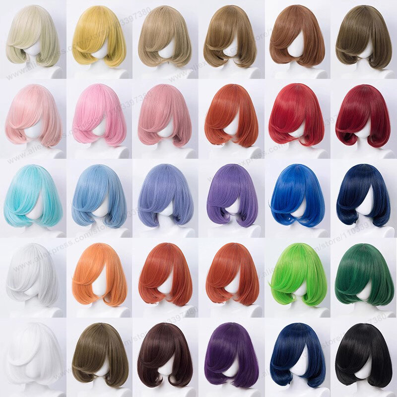 35cm Short Bob Cosplay Wig Golden Yellow Red Purple Black Blue Pink Women Bobo Hair Heat Resistant Hair Universal Anime Wigs