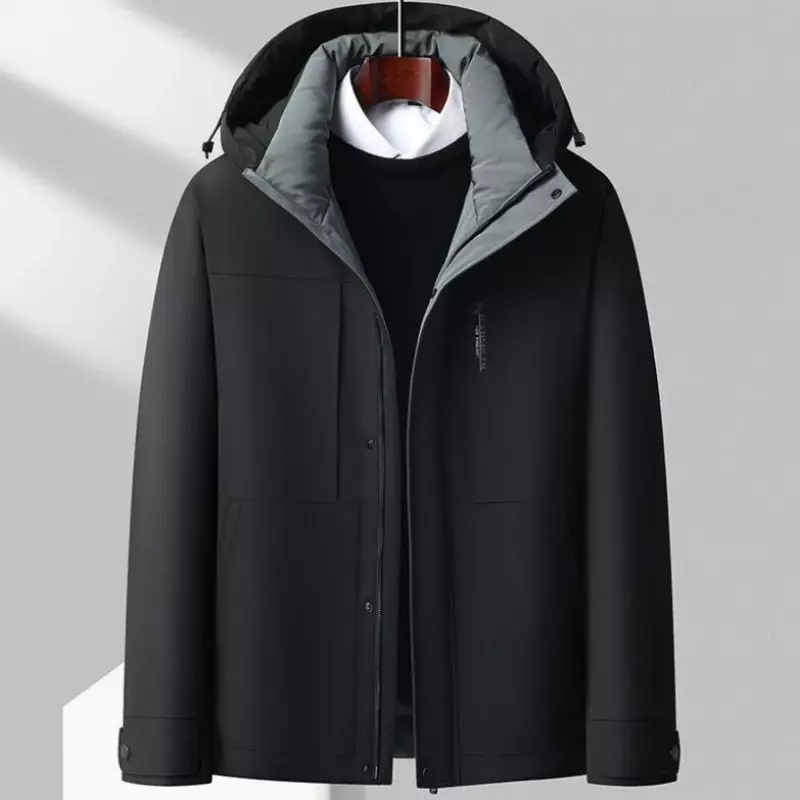 Мужское короткое пальто на белом утином пуху, утепленное повседневное пальто с капюшоном, зима 2023