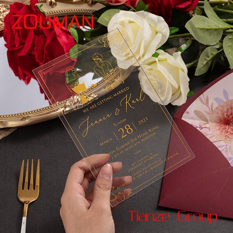 Kunden spezifische Ehe heißes Stempeln goldene Einladung karte Abschieds zeichen karten Luxus acryl hochzeits einladung karte