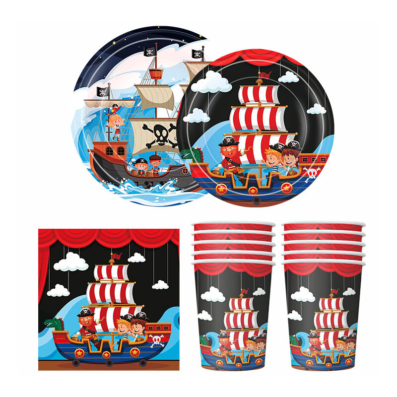 Тема пиратского корабля, одноразовая посуда, бумажные салфетки, чашки, тарелки, скатерти, солома