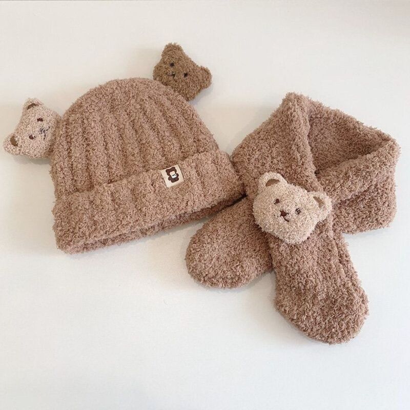Cartoon Bear Ear Protection Hat and Scarf Set do bebê, Thick Knit Cap, manter aquecido, infantil Beanie, presente de inverno