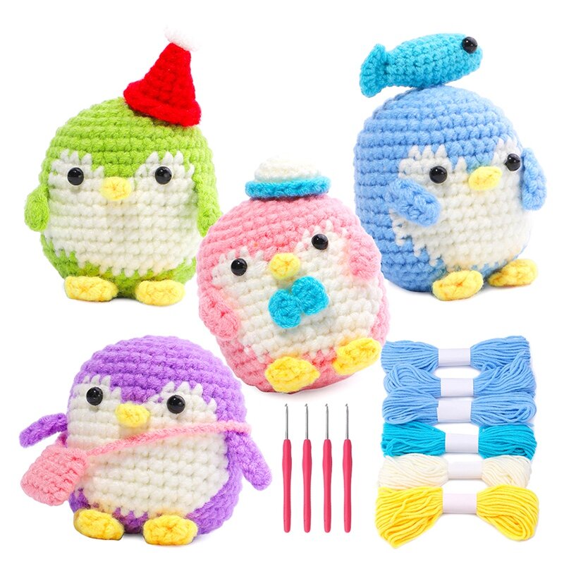 手編みの糸が付いたDIYのかぎ針編みのペンギンキット、針ぬいぐるみ人形、使いやすい、青、緑、紫、ピンク、4個