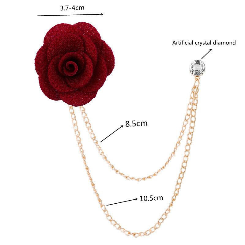 Bridegroom Wedding Brooches Boutonniere Cloth Art Hand-Made Rose Flower Men's Suit Accessories Pin Brooch with Hanging Chain