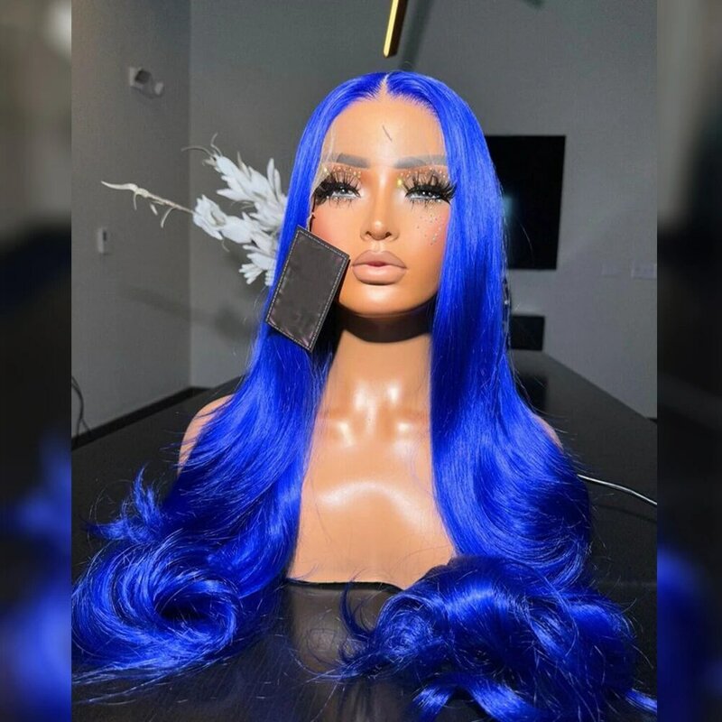 AIMEYA peluca sintética con malla Frontal para mujer, 26 pulgadas de largo, azul, onda Natural, peluca Frontal de encaje, peluca de Cosplay resistente al calor, uso diario