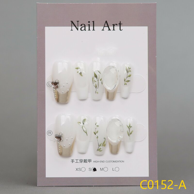 Large Size 10pcs removeable Handmade Wearing Nail Mid length Hand Painted Fresh and Elegant Style Finished Nail Panel