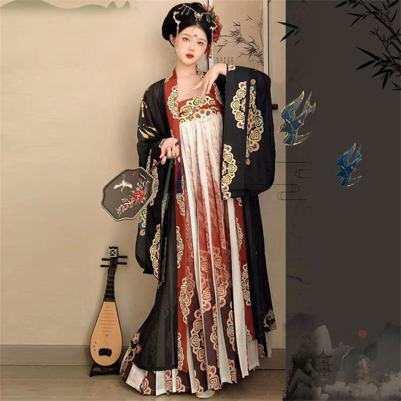 Gaun Hanfu Cina wanita peri Retro kostum tari panggung bunga antik kuno pakaian Dinasti Tang tradisional pesta Festival
