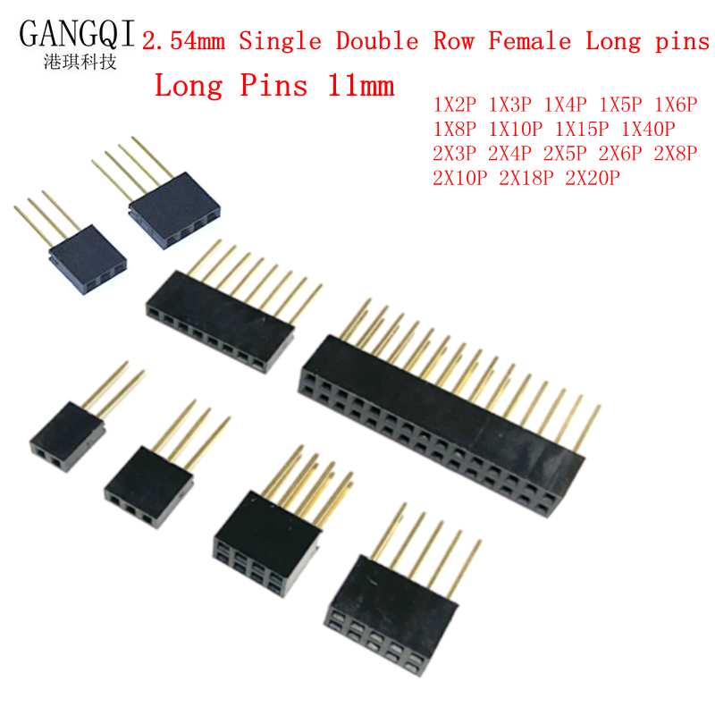Pines largos hembra de doble fila para Arduino, 10 piezas, 2,54mm, 11mm, Conector de cabezal de Pin de placa PCB, 2 ~ 20 pines