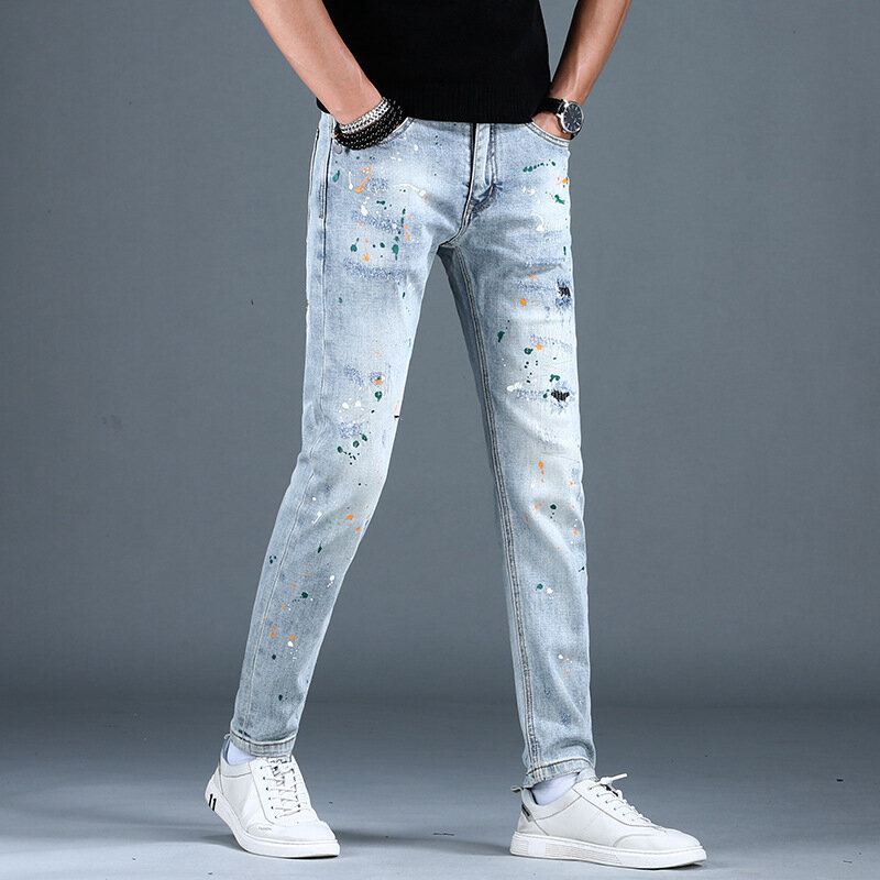 Trendy high-end jeans men's personalized paint printing slim fit skinny stretch casual street motorcycle trousers